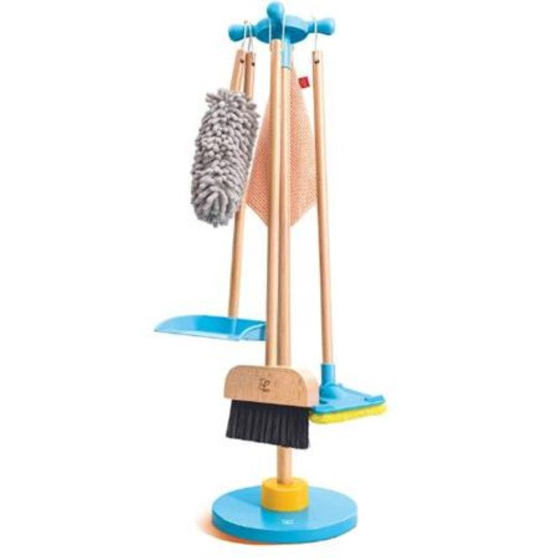 Colorful cleaning toy set with broom, mop, dustpan, and duster on a stand, promoting imaginative play and responsibility for kids.