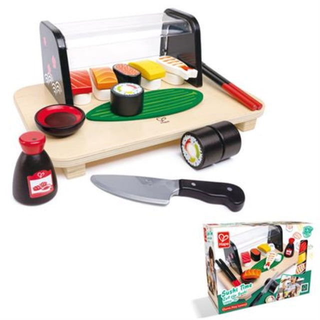 Colorful wooden sushi playset for imaginative role-play, includes sushi pieces, tray, and condiment accessories.