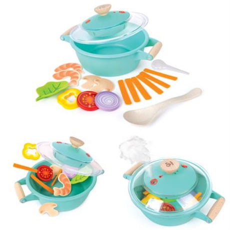 Steam n Soup Cooking Set by Hape: a realistic toy kitchen set with bubbling sounds, mist effects, and various food accessories.