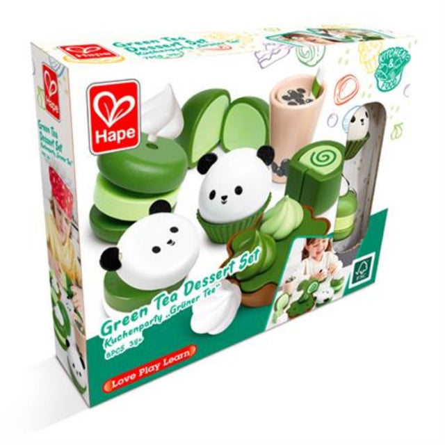 Colorful wooden Dessert Green Tea Playset by Hape with mini Swiss rolls, cakes, and tea for imaginative tea party play.