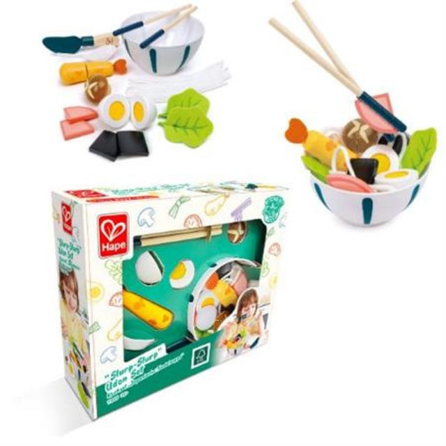 Super Udon Cooking Set by Hape featuring a bowl, chopsticks, and premium ingredients for authentic Japanese udon preparation.