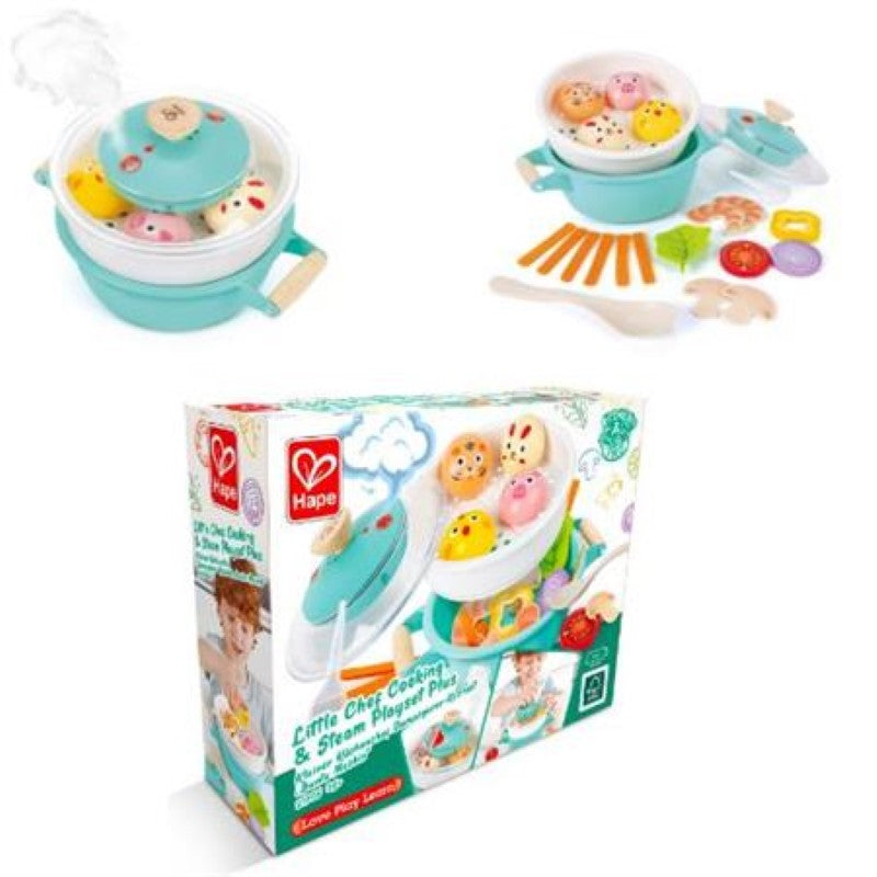 Interactive Hape Little Chef cooking playset with realistic sounds and misting steam, designed for imaginative play and creativity.