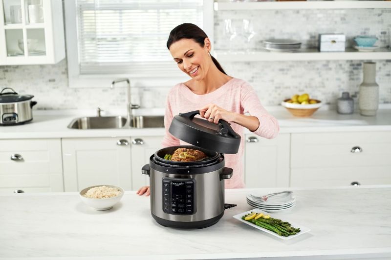 Sunbeam Crock Pot Multi Cooker features 5.7L capacity, 8 appliances in 1, 13 one-touch programs, and easy steam release.