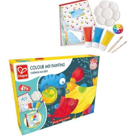 Colour Mix Painting Set by Hape featuring two kits, painting tools, and a binder clip for organizing kids' colorful masterpieces.