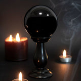 Black 90mm crystal ball on elegant wooden stand, perfect for divination and stylish home decor, includes beginner's guide.