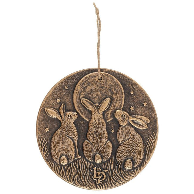 Moon Shadows Bronze Terracotta Plaque featuring three moon-gazing hares, perfect for garden decor and indoor elegance.