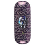 Artistic glasses case by Lisa Parker featuring wolf design 'Guidance', comes with cleaning cloth and metallic gold logo.