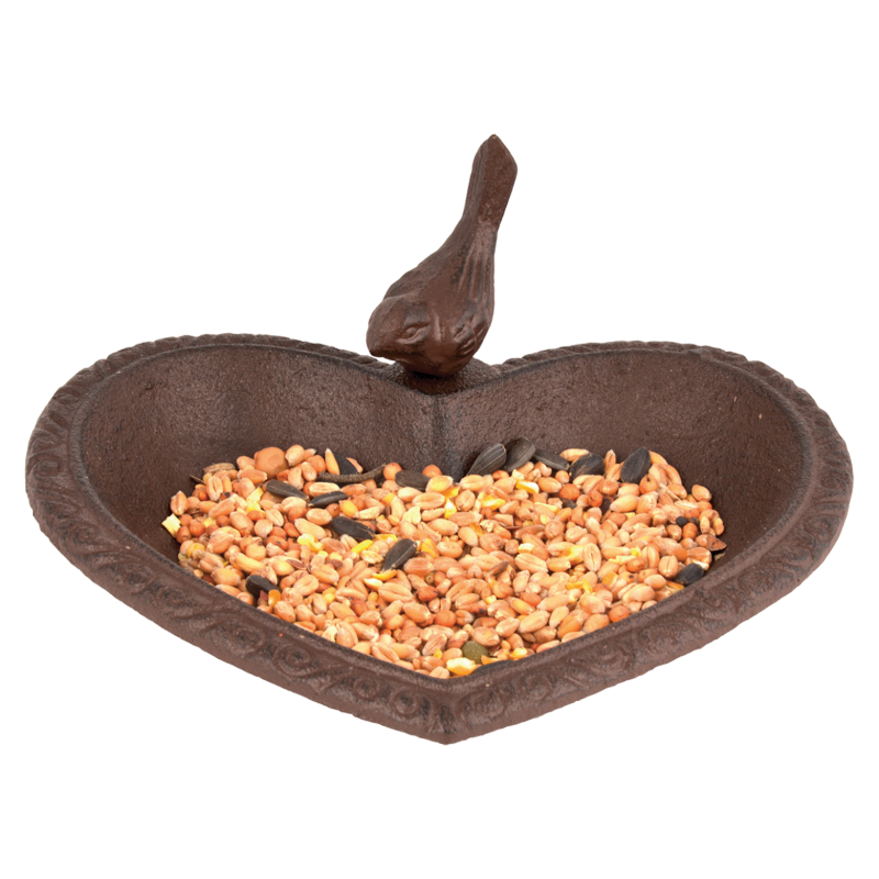 Cast iron heart-shaped bird feeders and baths, 17cm, perfect for attracting and nourishing garden birds year-round.