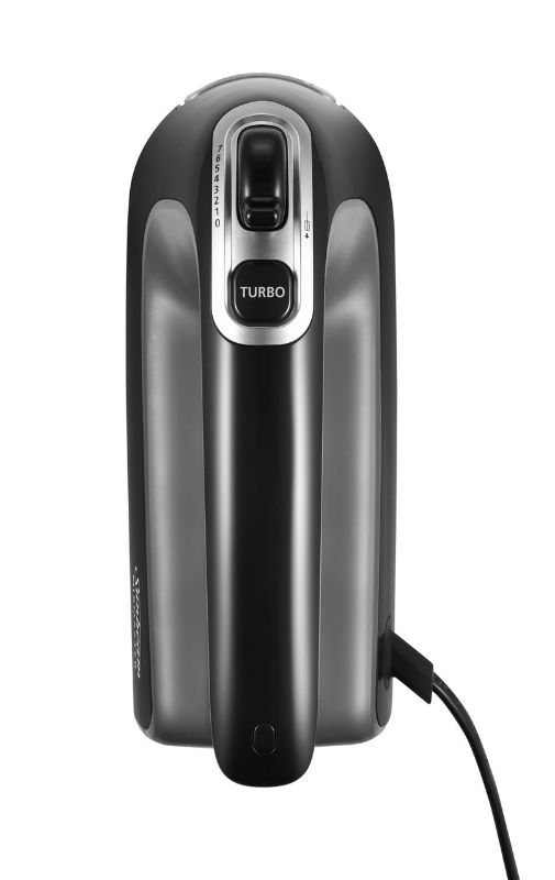 Hand mixer in black featuring 3 stainless steel attachments, 7 speeds, and a storage case for versatile mixing and baking.