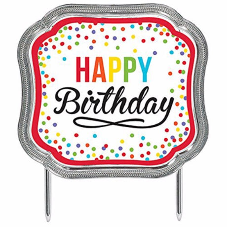 Colorful birthday cake topper with dots and metallic silver border, perfect for festive celebrations. Measures 11cm x 13cm.
