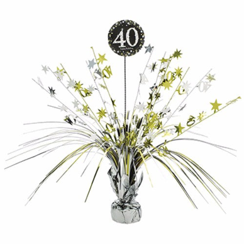 Stunning black 40th birthday centerpiece with silver and gold accents, perfect for elevating celebrations.