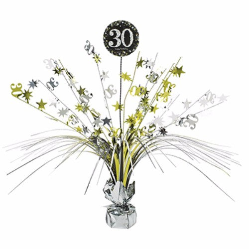 Sparkling Black 30 Happy Birthday Centrepiece featuring black, silver, and gold foil for stylish birthday celebrations.