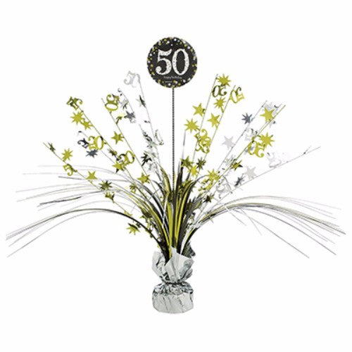 Elegant Sparkling Black 50 Happy Birthday Centrepiece, 45cm, features shimmering black, silver, and gold foil accents.