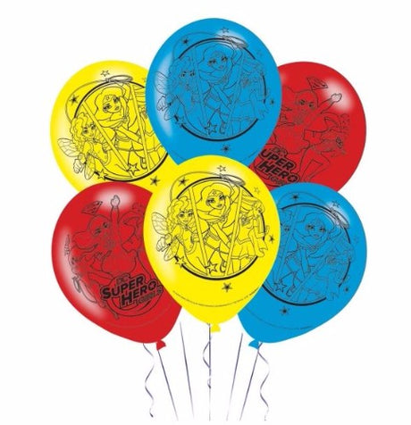Colorful Super Hero Girls balloons in red, blue, and yellow, perfect for themed parties, featuring vibrant designs in a pack of 6.