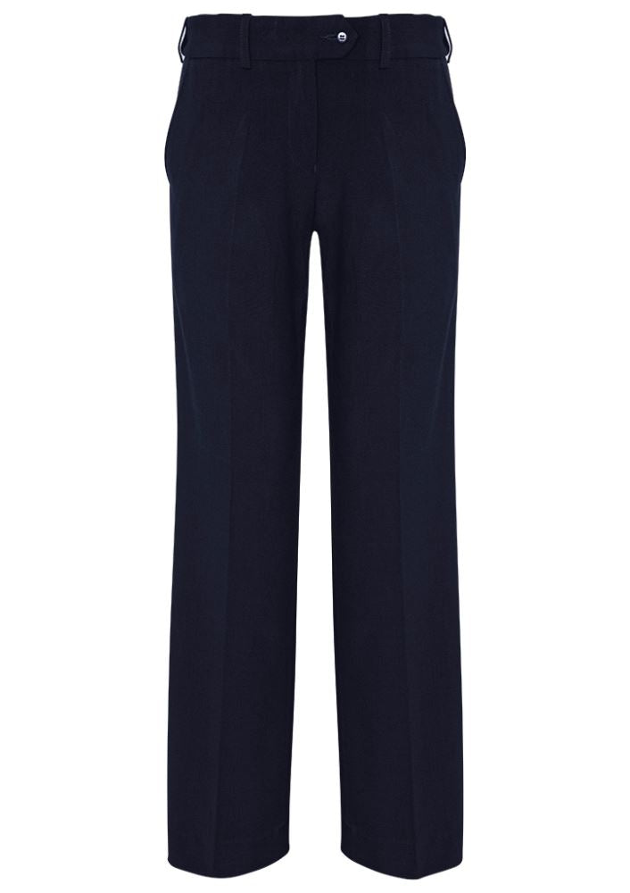 Navy adjustable waist pants for women, size 10, featuring hidden elastic, deep pockets, and tailored leg for a polished look.