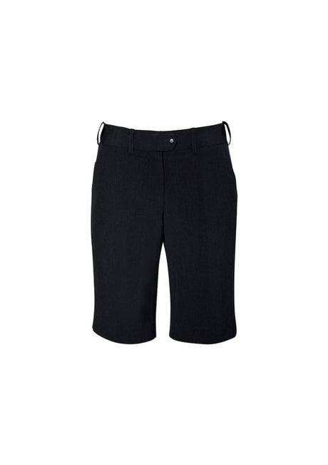 Black Advatex Ladies Adjustable Waist Shorts featuring a hidden elastic band, designed for comfort and style in healthcare settings.