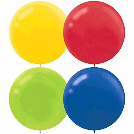 Vibrant 60cm latex balloons in Yellow, Red, Lime Green, and Royal Blue, perfect for festive celebrations. Pack of 4.