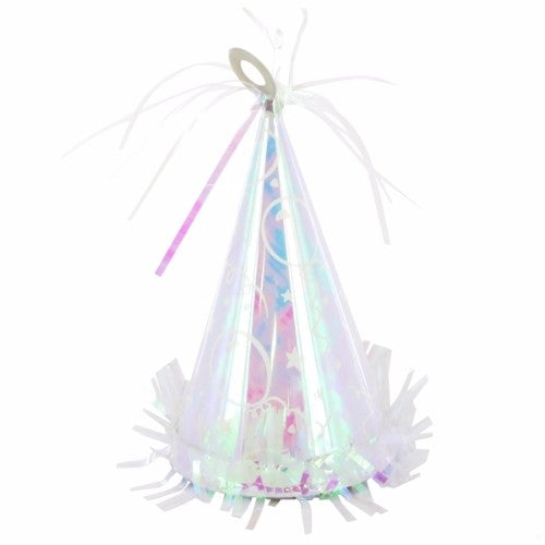 Iridescent party hat balloon weight with balloon, star, and streamer design, perfect for anchoring balloons at celebrations.