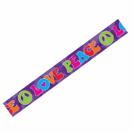 Vibrant 7.6m metallic tie-dye banner featuring 'Love Peace' for celebratory decor and unforgettable moments.