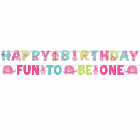 Vibrant "One Wild Girl" jumbo letter banner kit for first birthday celebrations, including two colorful cardboard banners.