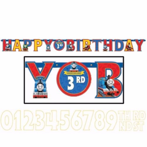 Colorful Thomas & Friends birthday banner, 3.2m long, customizable for ages with included numbers and tape for easy setup.