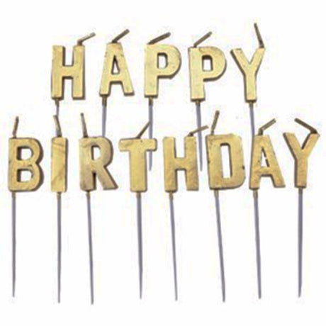 Gold metallic birthday candle set with 13 candles and 'HAPPY BIRTHDAY' letters for elegant cake decorations.