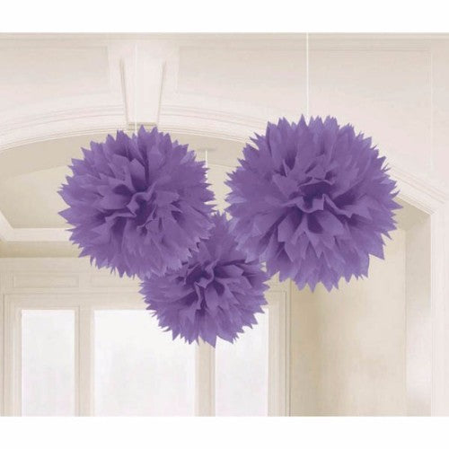 Purple fluffy hanging decorations, pack of 3, perfect for parties and events, 16-inch tissue paper pom poms.