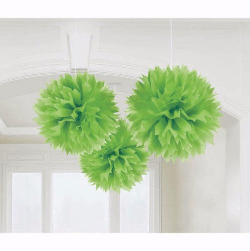 Fluffy green tissue paper pom poms, pack of 3, perfect for vibrant party decor and easy assembly at any celebration.