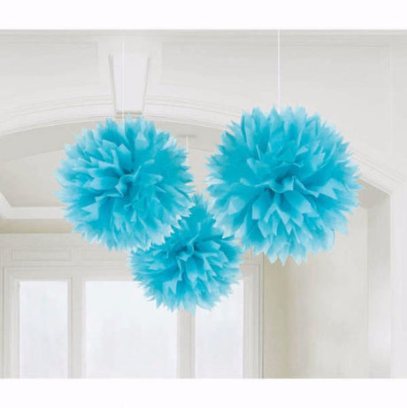 Pack of 3 blue fluffy pom poms, 16-inch decorations for celebrations, perfect for events like parties and weddings.