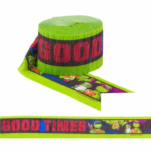 Colorful Teenage Mutant Ninja Turtles crepe streamer, 4.8cm wide and 12.8m long, perfect for TMNT-themed parties and decorations.