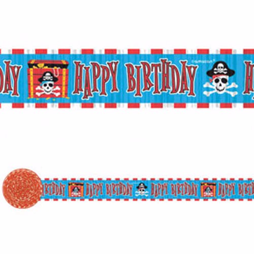 Colorful crepe streamer with 'Happy Birthday' design, perfect for pirate-themed parties, 9.14m long and 4.8cm wide.