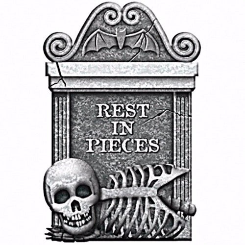 Realistic grey foam tombstone measuring 55cm x 32cm, perfect for Halloween decor with a weathered, eerie look.