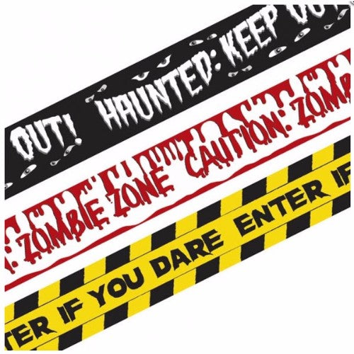 Halloween Fright Tape Banners pack features 3 eerie designs, perfect for indoor and outdoor spooky decor.