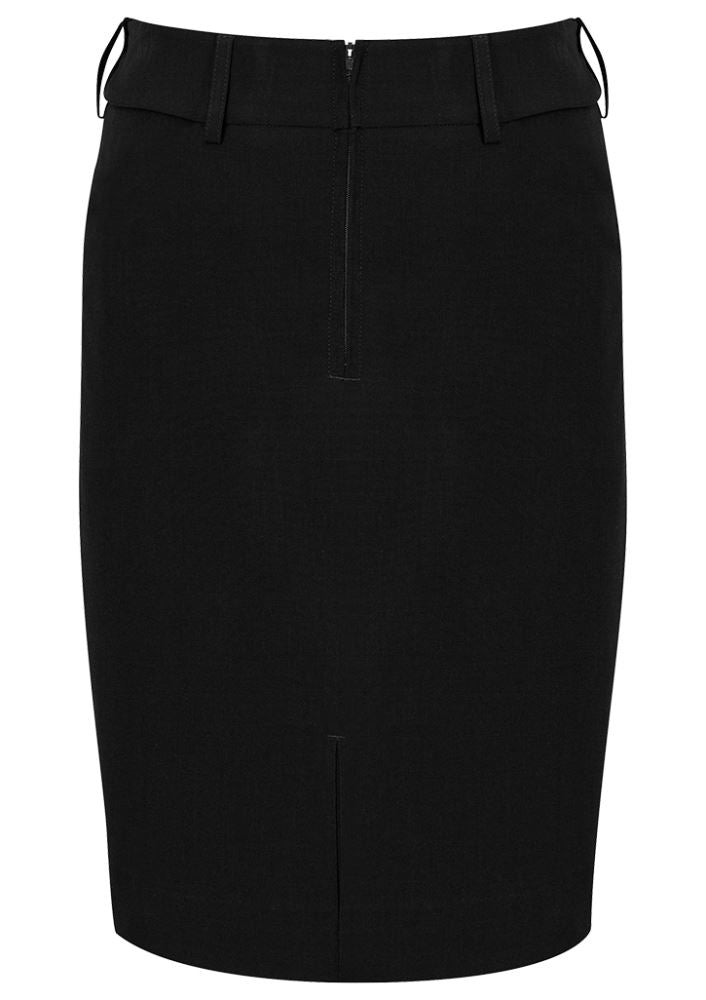 Black adjustable waist skirt for ladies with belt loops, kick pleat, phone pocket, and comfortable stretch from the Biz Collection.