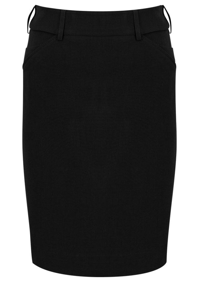 Adjustable black waist skirt with rear kick pleat, flexi-waist band, and phone pocket for comfortable professional wear.