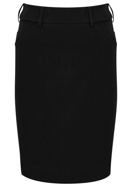 Adjustable black waist skirt with hidden elastic sides, rear kick pleat, and convenient phone pocket for comfort and style.