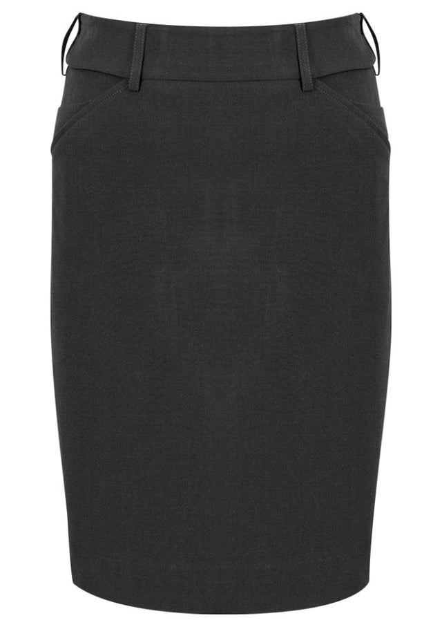 Charcoal adjustable waist skirt with phone pocket, rear kick pleat, and flexible band for comfort and style, ideal for professionals.