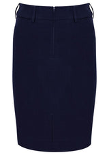 Navy adjustable waist skirt for women, featuring stretch fabric, hidden elastic band, and a convenient phone pocket.