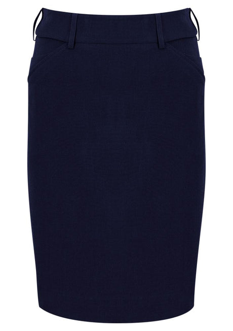 Navy adjustable waist skirt for women, featuring stretch fabric, belt loops, rear kick pleat, and a practical phone pocket.