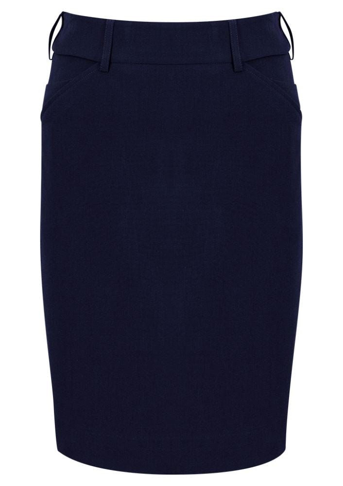Navy ladies' skirt with adjustable waist, hidden elastic, kick pleat, and phone pocket for stylish comfort in professional settings.
