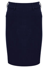 Navy adjustable waist skirt for ladies with hidden elastic, belt loops, rear kick pleat, and phone pocket, size 32.