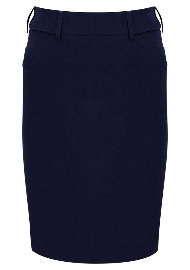 Navy adjustable waist skirt for ladies with hidden elastic, belt loops, rear kick pleat, and phone pocket, size 32.