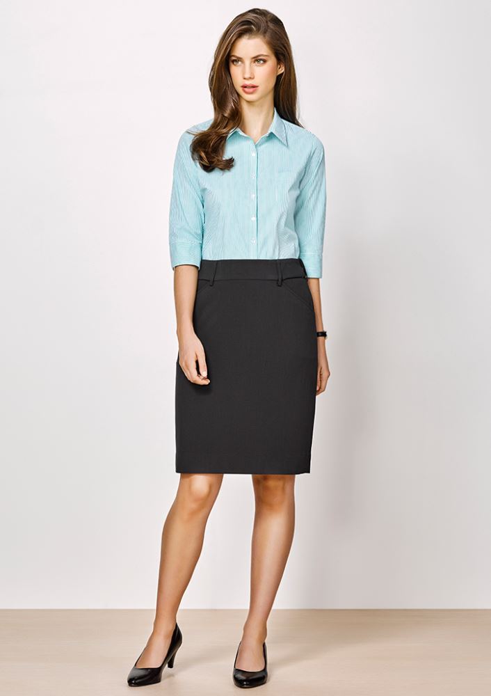 Navy adjustable waist skirt for women with hidden elastic, belt loops, and phone pocket, perfect for work and casual wear.