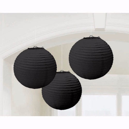 Elegant black round paper lanterns (24cm) - Pack of 3, perfect for enhancing décor at events and creating a warm ambiance.