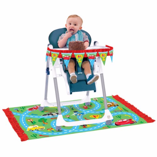 Disney Cars High Chair Kit featuring a colorful mat and festive flag banner, perfect for fun mealtimes with Lightning McQueen.