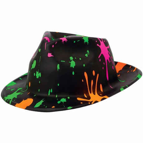 Vibrant 80's fedora with colorful paint splatter design, perfect for themed parties and retro style.