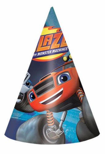 Colorful cone-shaped hats featuring Blaze & The Monster Machines, perfect for kids' parties and playtime, pack of 8.