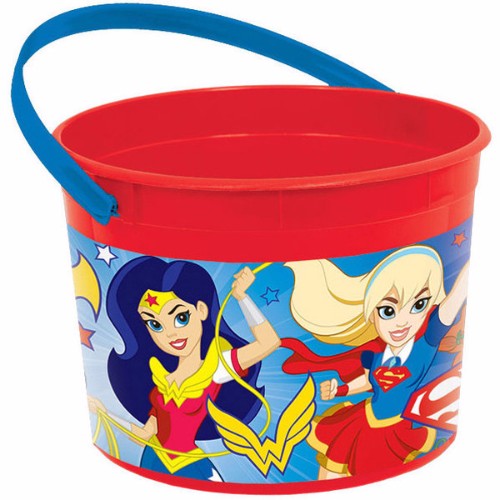Brightly colored Super Hero Girls favor container, 11.5cm high, 15cm diameter, perfect for storing party treats and toys.