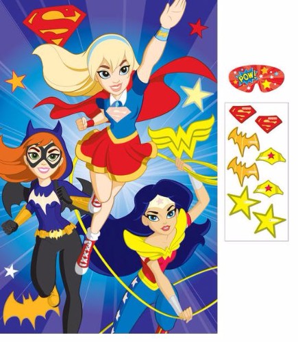 Brightly colored game board with stickers and blindfold, designed for fun superhero-themed multiplayer adventures.