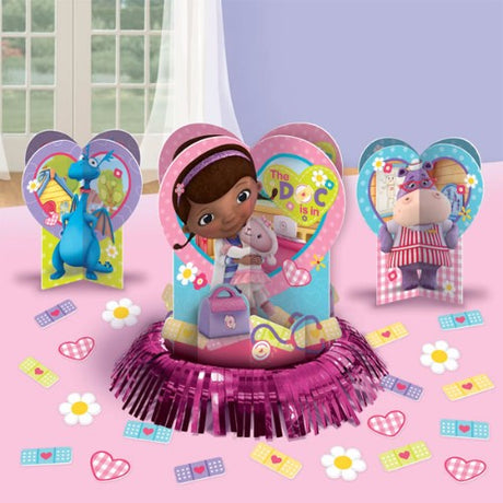 Colorful Doc McStuffins Table Decorating Kit with centerpieces and confetti for themed birthday parties and celebrations.